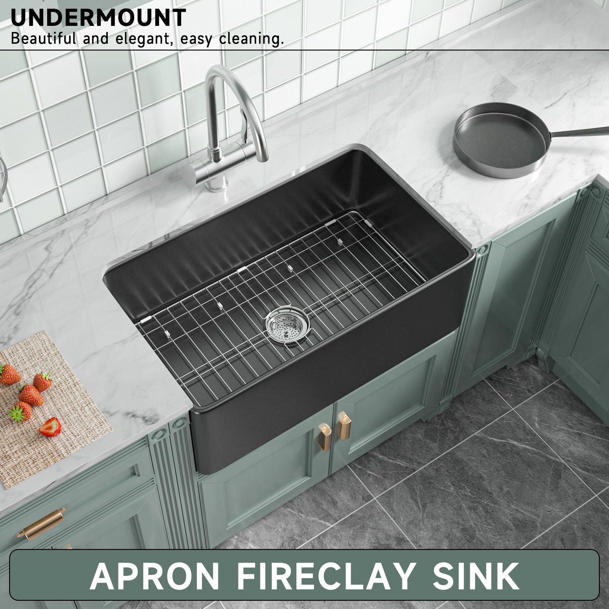  Black Farmhouse Sink 76.2 cm - Apron-front Undermount Double-sided Kitchen Sink, 76.2 cm × 45.7 cm × 25.4 cm, Farmhouse-style Single Bowl, Heavy-duty Solid Fireclay, Matte Black, Ideal for Kitchen