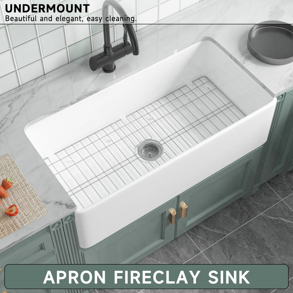 91.44cm Oversized Apron-Front Kitchen Sink   91.44cm × 45.72cm × 25.4cm double-sided apron-front single bowl, undermount installation. Made of solid fireclay in bright white, this farmhouse-style sink is durable and ideal for kitchens.