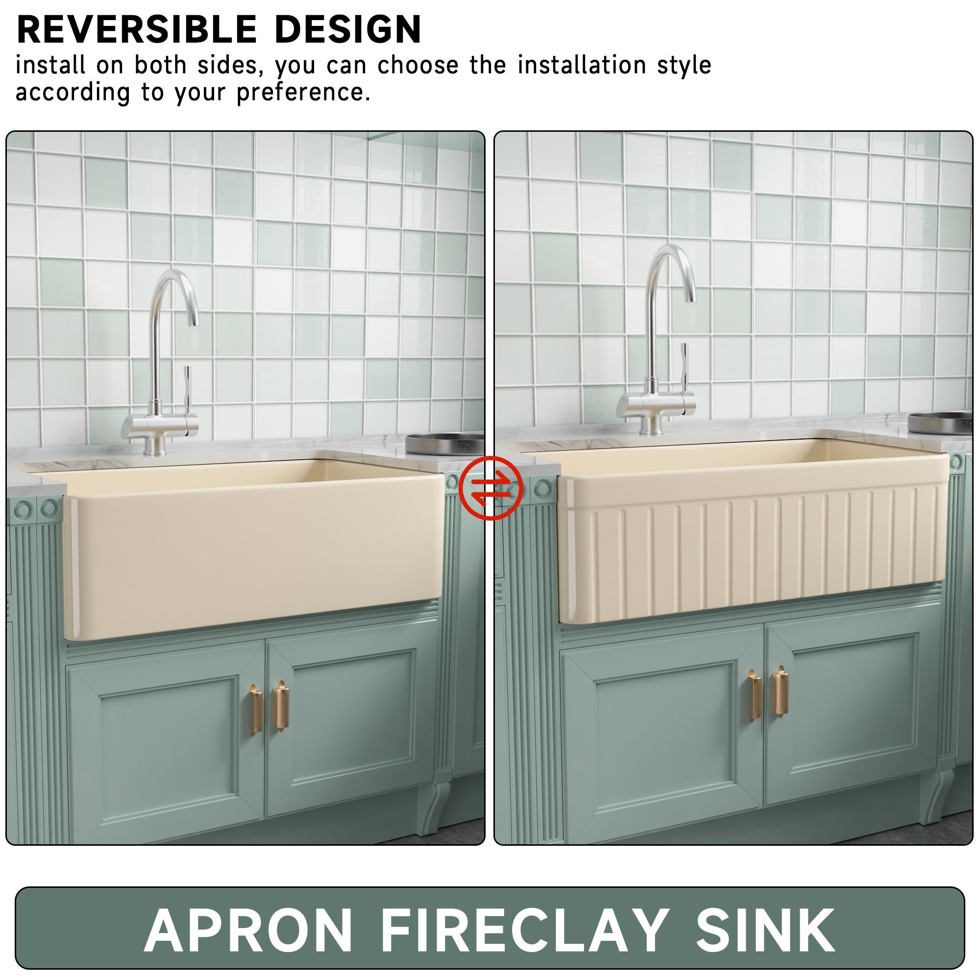 33-Inch Bone Color Farmhouse Kitchen Sink Double-Sided Apron-Front Design | Undermount Mounting | 33"×18"×10" Dimension | Heavy-Duty Solid Fireclay Construction | Perfect for Residential Kitchens