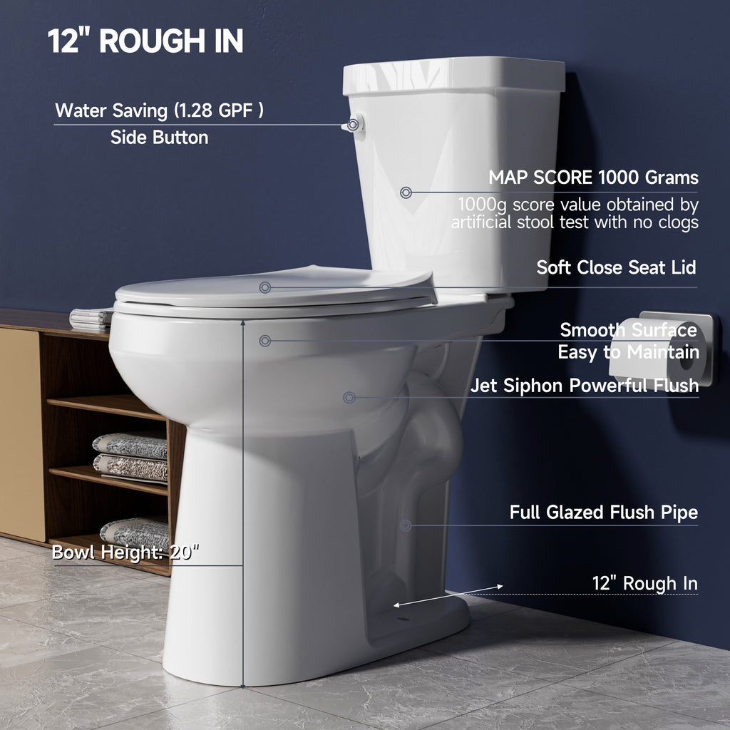 Elongated Tall Toilet 20 Inch for Seniors - 1.1/1.6 GPF Dual Flush Two Piece ADA High Toilet for Bathroom, 19 Inch Bowl Height, 20 Inch Seat Height, 12" Rough In, White