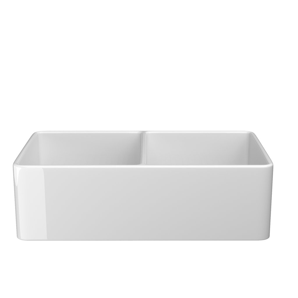 33" White Double-Bowl Farmhouse Apron-Front Sink Reversible Apron Design | 83.82×45.72×25.40 cm | Undermount Mounting | 50/50 Split Bowls | Heavy-Duty Solid Fireclay Construction | Perfect for Home Kitchens