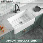 White Farmhouse Sink 33 Inch - Large Apron-Front Single Bowl Kitchen Sink 33inch × 18inch × 10inch, Undermount Installation, Farmhouse Style, Heavy-Duty Solid Fireclay, Matte White, Ideal for Kitchen Use