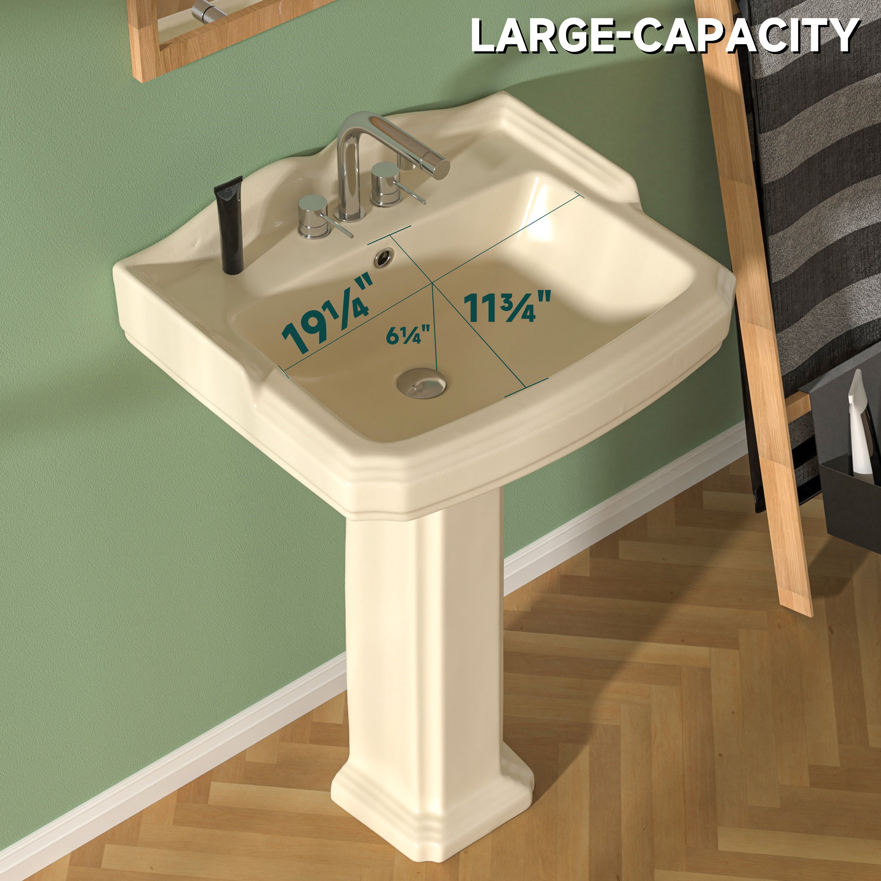 Pedestal Sink 23 Inch - 3 Hole Porcelain Pedestal Sink Combo for Bathroom, 23"Dx19"Wx36"H, Bone Color, with Backsplash, 1 Overflow Hole & 3 Faucet Hole