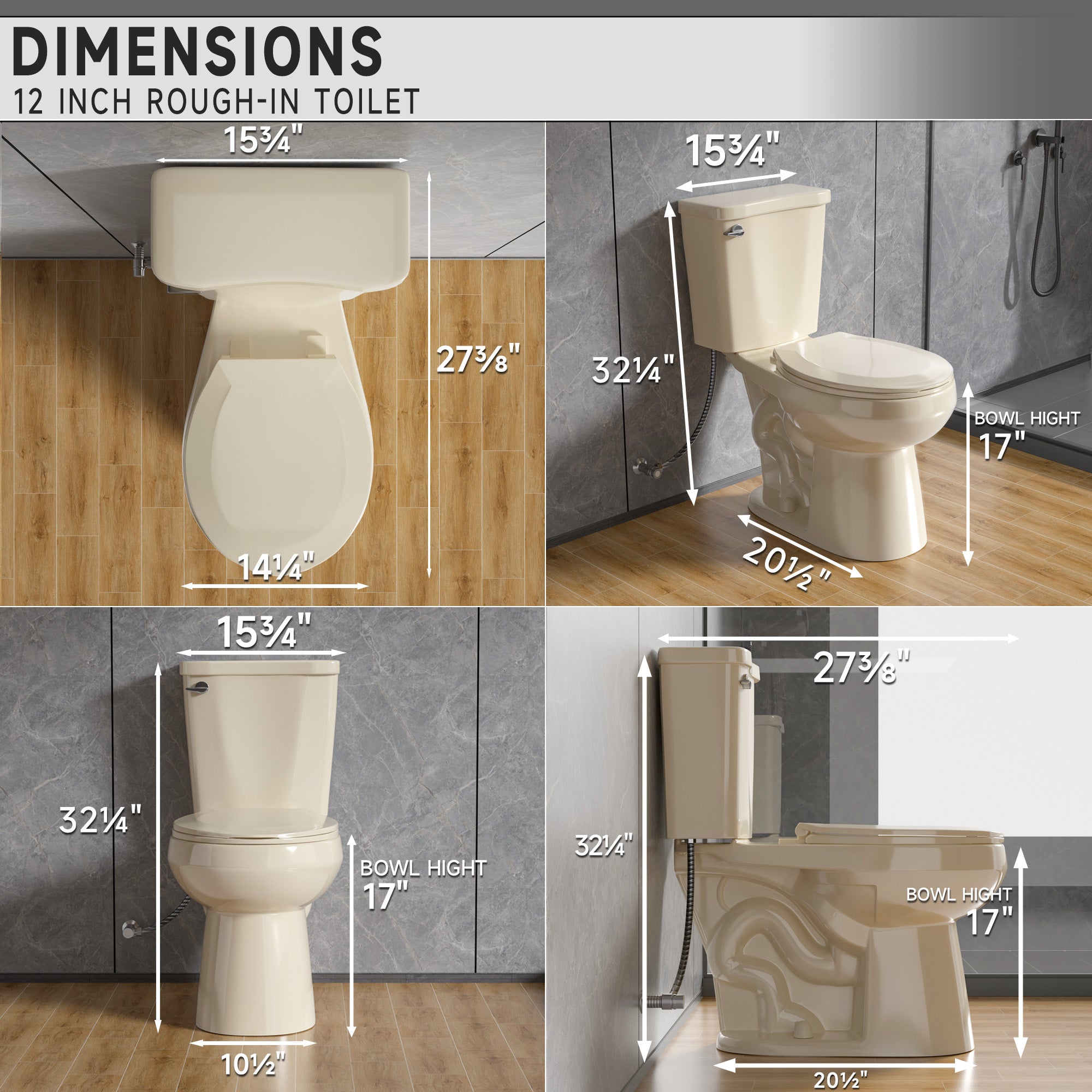 17 Inch Compact Tall Toilets for Bathrooms,ADA Comfort Chair Height Seat for Seniors,Two Piece Toilets Seat Height 17.5 Inch,Tornado Single Flush 1.28 GPF,12 Inch Rough-in