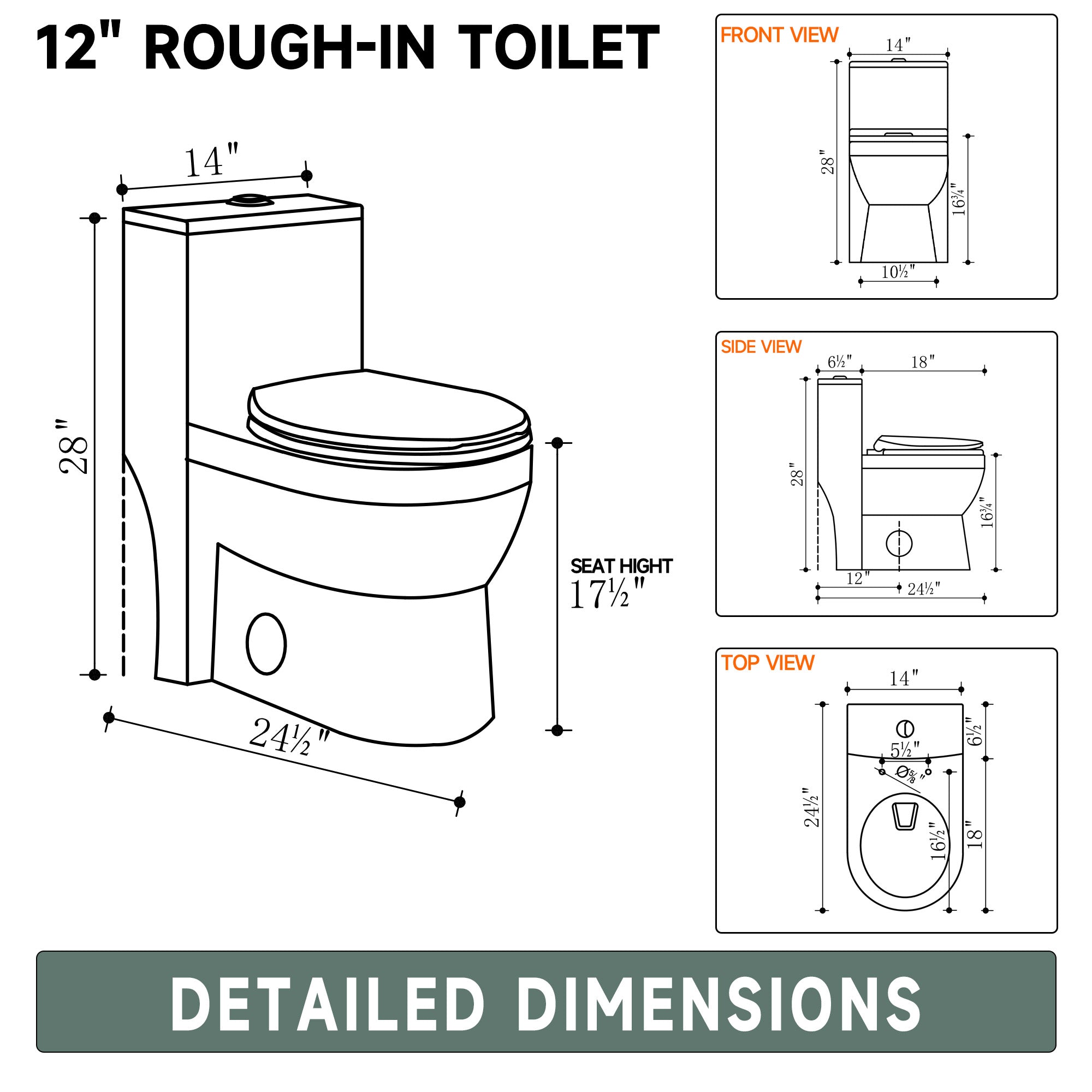 Compact One Piece Toilets for Small Bathroom Space, Modern Toilet with 17 Inch ADA Comfort Seat Height, 1.0/1.28 GPF Tornado Dual Flush,12 Inch Rougn In