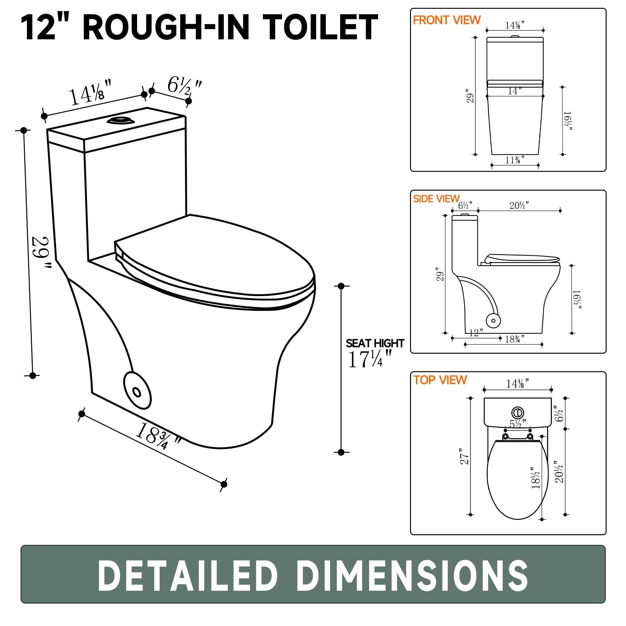 Elongated One Piece Toilets with 17 Inch ADA Comfort Seat Height for Seniors, Modern Toilet with 1.0/1.28 GPF Tornado Dual Flush Water Saving, 12 Inch Rougn In
