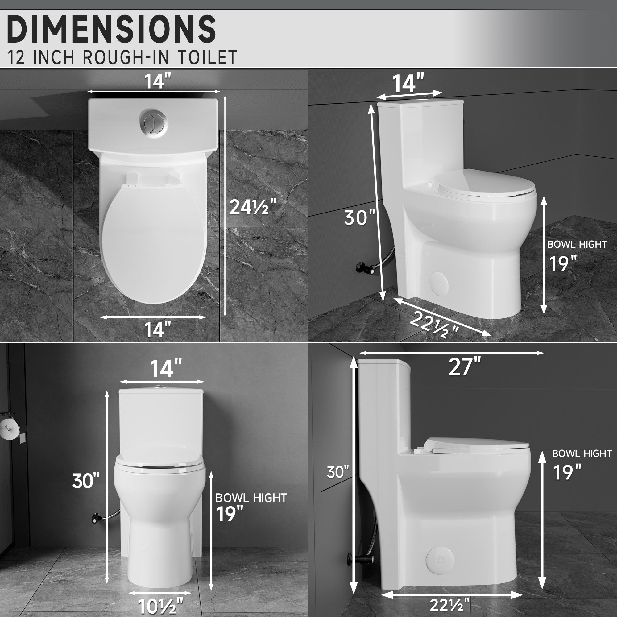 Compact One Piece Toilets for Small Bathroom Space, Modern Toilet with 19 Inch ADA Comfort Seat Height, 1.0/1.28 GPF Tornado Dual Flush,12 Inch Rougn In