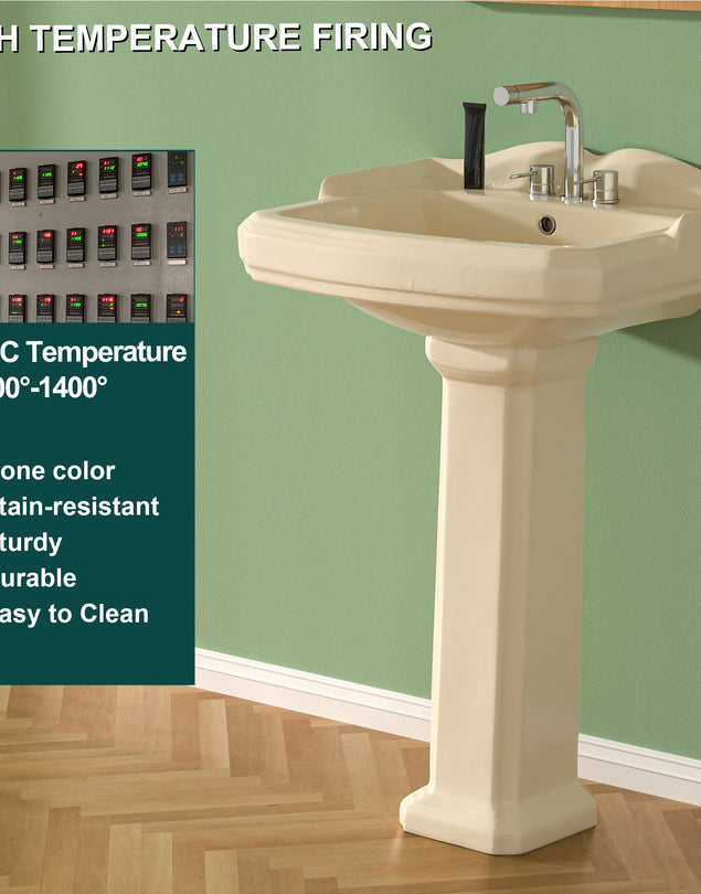Pedestal Sink 23 Inch - 3 Hole Porcelain Pedestal Sink Combo for Bathroom, 23"Dx19"Wx36"H, Bone Color, with Backsplash, 1 Overflow Hole & 3 Faucet Hole