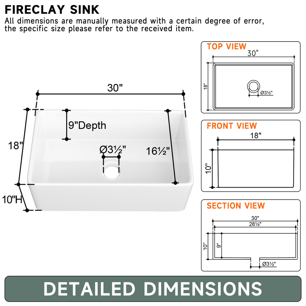 White Farmhouse Sink 33 Inch - Large Apron-Front Single Bowl Kitchen Sink 33inch × 18inch × 10inch, Undermount Installation, Farmhouse Style, Heavy-Duty Solid Fireclay, Matte White, Ideal for Kitchen Use