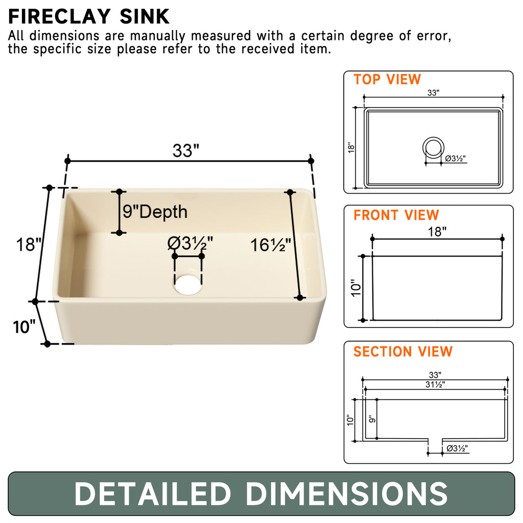 33-Inch Bone Color Farmhouse Kitchen Sink Double-Sided Apron-Front Design | Undermount Mounting | 33"×18"×10" Dimension | Heavy-Duty Solid Fireclay Construction | Perfect for Residential Kitchens