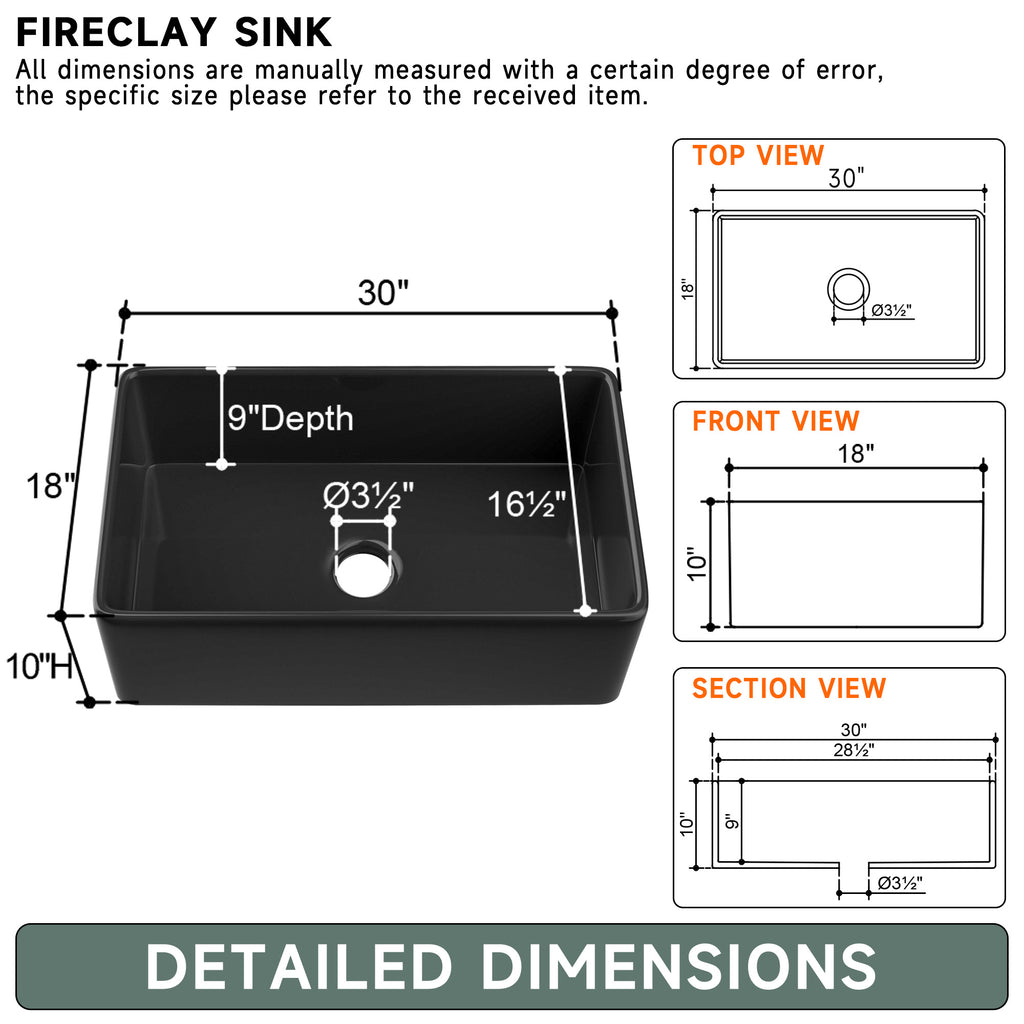  Black Farmhouse Sink 76.2 cm - Apron-front Undermount Double-sided Kitchen Sink, 76.2 cm × 45.7 cm × 25.4 cm, Farmhouse-style Single Bowl, Heavy-duty Solid Fireclay, Matte Black, Ideal for Kitchen