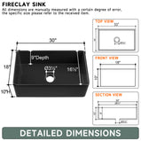 Black Farmhouse Sink 76.2 cm - Apron-front Undermount Double-sided Kitchen Sink, 76.2 cm × 45.7 cm × 25.4 cm, Farmhouse-style Single Bowl, Heavy-duty Solid Fireclay, Matte Black, Ideal for Kitchen