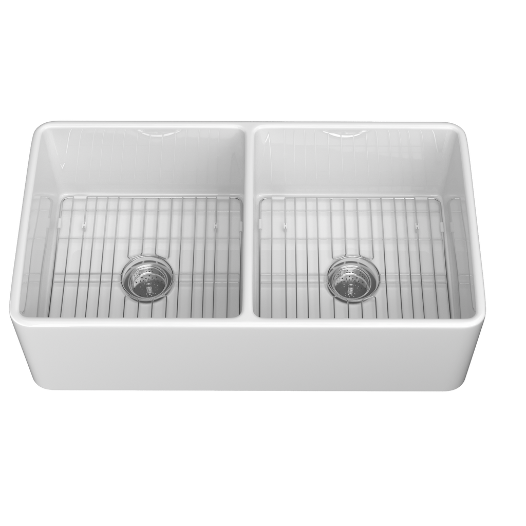 33" White Double-Bowl Farmhouse Apron-Front Sink Reversible Apron Design | 83.82×45.72×25.40 cm | Undermount Mounting | 50/50 Split Bowls | Heavy-Duty Solid Fireclay Construction | Perfect for Home Kitchens