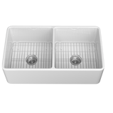 33" White Double-Bowl Farmhouse Apron-Front Sink Reversible Apron Design | 83.82×45.72×25.40 cm | Undermount Mounting | 50/50 Split Bowls | Heavy-Duty Solid Fireclay Construction | Perfect for Home Kitchens