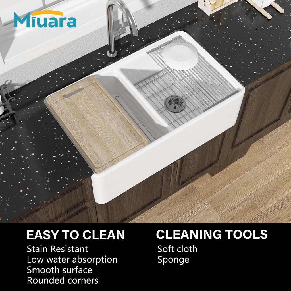 Farmhouse Workstation Sink, 76.2 cm, Suitable for Kitchen - White Apron-Front Fireclay Kitchen Sink, Double-Sided, 76.2 cm × 50.8 cm × 25.4 cm, Farmhouse-Style Heavy-Duty Deep Single Bowl