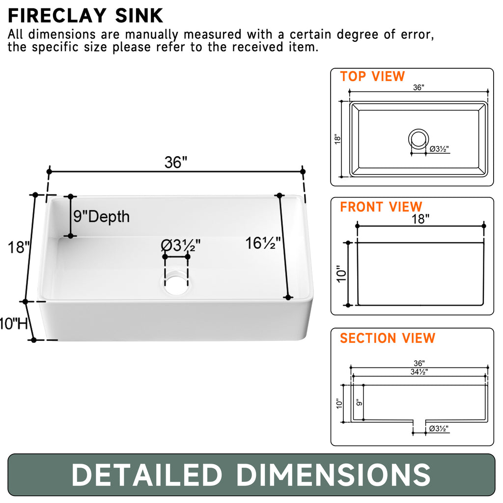 91.44cm Oversized Apron-Front Kitchen Sink   91.44cm × 45.72cm × 25.4cm double-sided apron-front single bowl, undermount installation. Made of solid fireclay in bright white, this farmhouse-style sink is durable and ideal for kitchens.