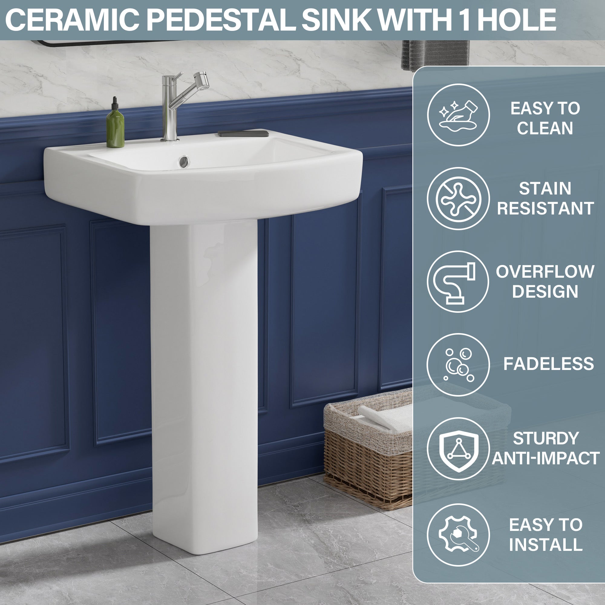 Pedestal Sink 22 Inch - 1 Hole Porcelain Pedestal Sink Combo for Bathroom, 22"Dx17"Wx34.5"H, White Color, with 1 Overflow Hole & 1 Faucet Hole Visit the Miuara Store