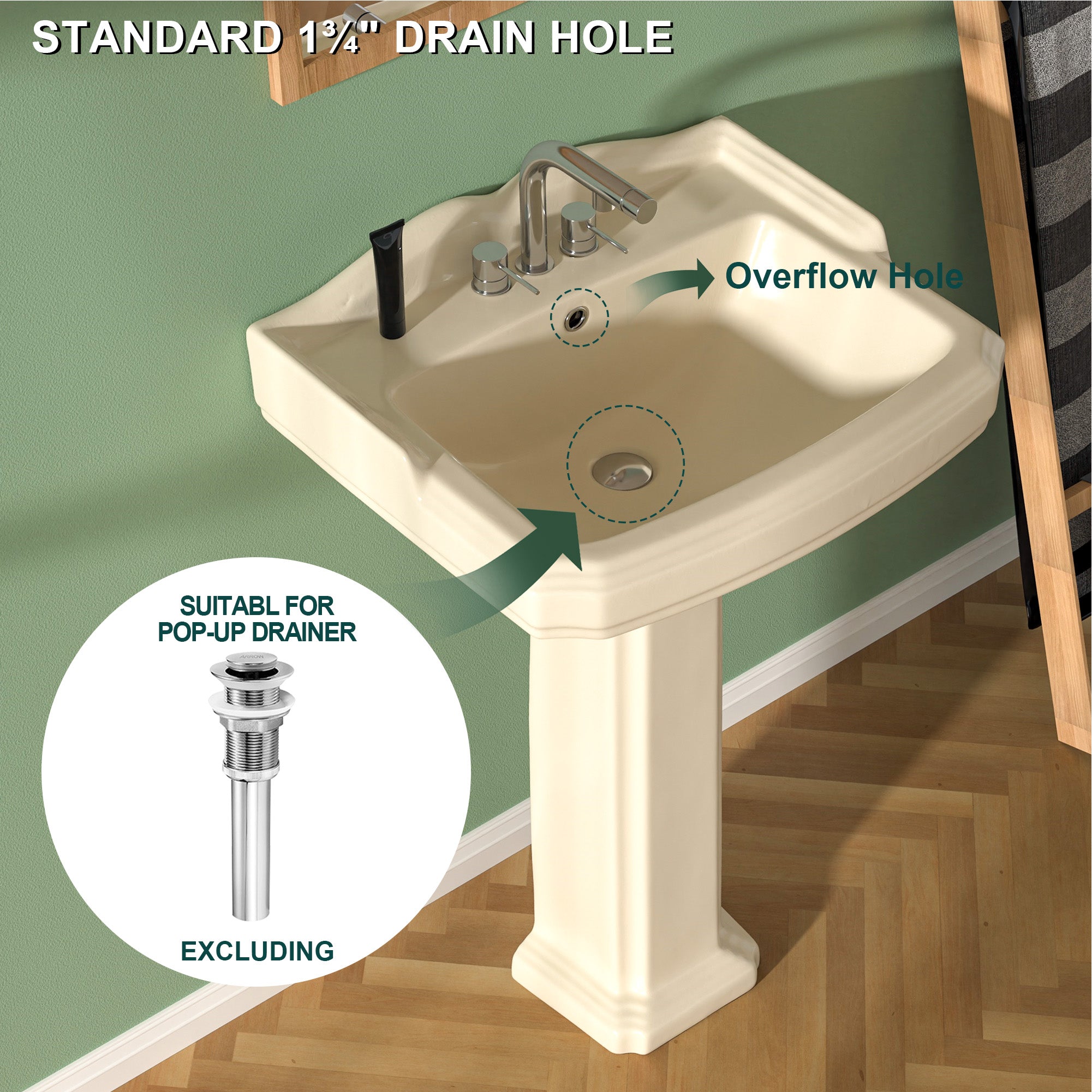 Pedestal Sink 23 Inch - 3 Hole Porcelain Pedestal Sink Combo for Bathroom, 23"Dx19"Wx36"H, Bone Color, with Backsplash, 1 Overflow Hole & 3 Faucet Hole