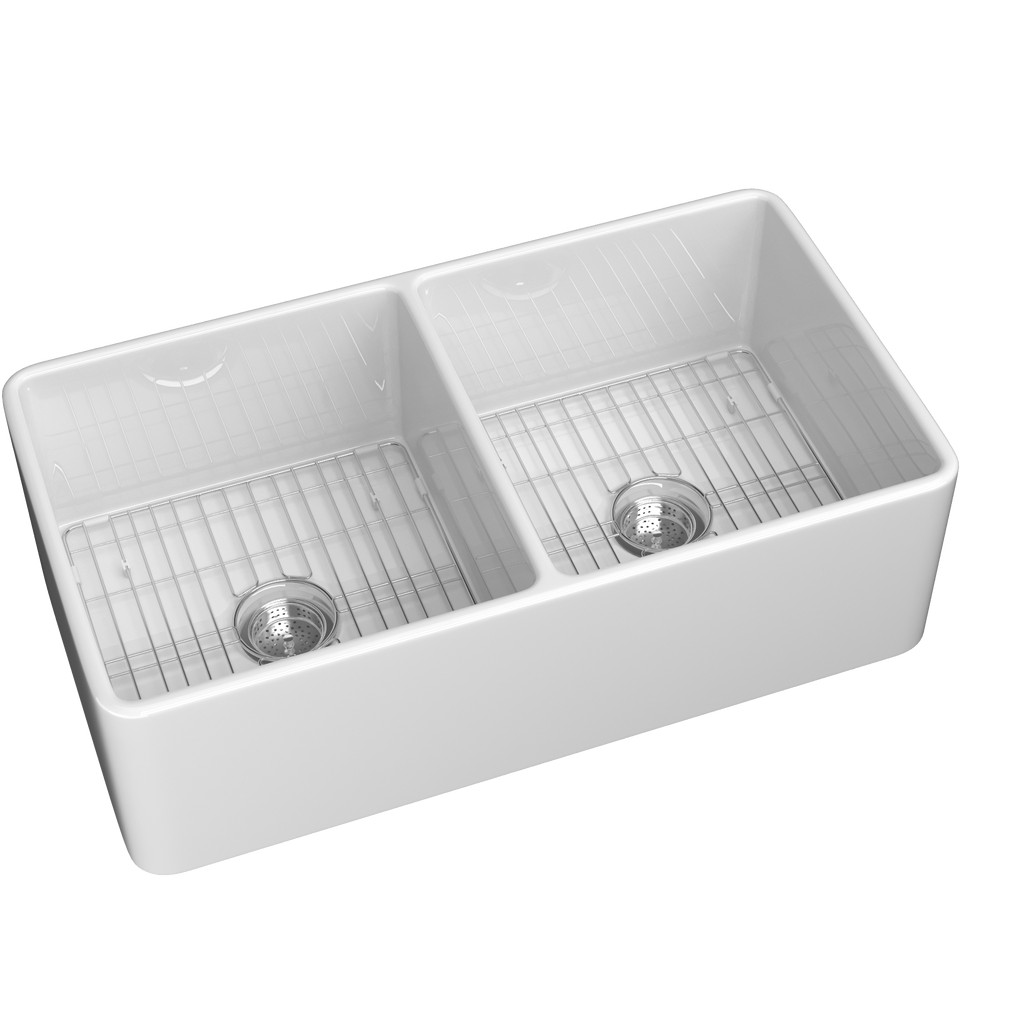 33" White Double-Bowl Farmhouse Apron-Front Sink Reversible Apron Design | 83.82×45.72×25.40 cm | Undermount Mounting | 50/50 Split Bowls | Heavy-Duty Solid Fireclay Construction | Perfect for Home Kitchens