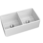 33" White Double-Bowl Farmhouse Apron-Front Sink Reversible Apron Design | 83.82×45.72×25.40 cm | Undermount Mounting | 50/50 Split Bowls | Heavy-Duty Solid Fireclay Construction | Perfect for Home Kitchens
