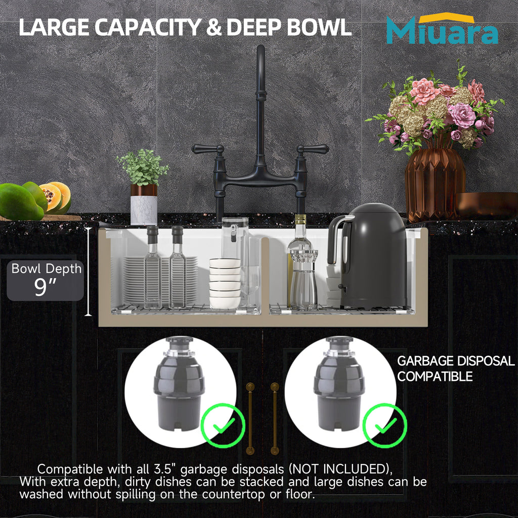 Farmhouse Workstation Sink, 76.2 cm, Suitable for Kitchen - White Apron-Front Fireclay Kitchen Sink, Double-Sided, 76.2 cm × 50.8 cm × 25.4 cm, Farmhouse-Style Heavy-Duty Deep Single Bowl