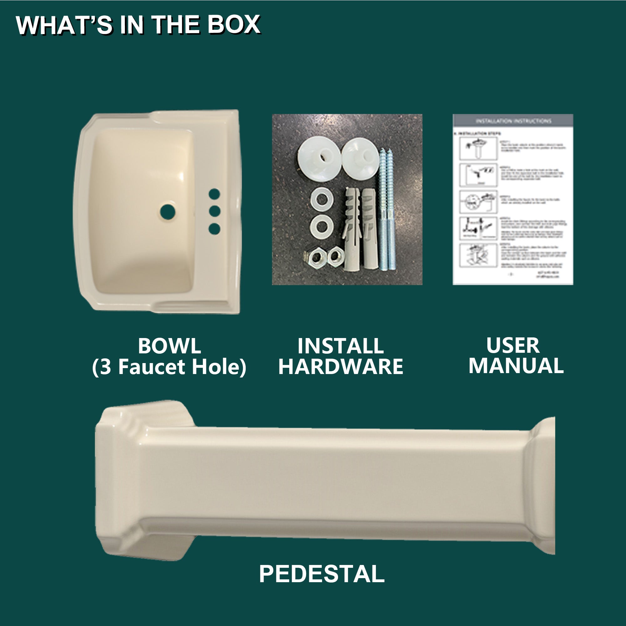 Pedestal Sink 23 Inch - 3 Hole Porcelain Pedestal Sink Combo for Bathroom, 23"Dx19"Wx36"H, Bone Color, with Backsplash, 1 Overflow Hole & 3 Faucet Hole