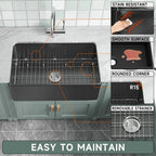  Black Farmhouse Sink 76.2 cm - Apron-front Undermount Double-sided Kitchen Sink, 76.2 cm × 45.7 cm × 25.4 cm, Farmhouse-style Single Bowl, Heavy-duty Solid Fireclay, Matte Black, Ideal for Kitchen