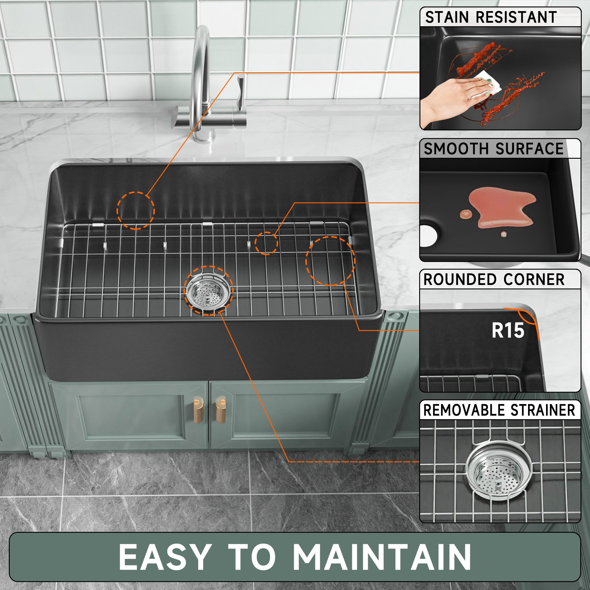  Black Farmhouse Sink 76.2 cm - Apron-front Undermount Double-sided Kitchen Sink, 76.2 cm × 45.7 cm × 25.4 cm, Farmhouse-style Single Bowl, Heavy-duty Solid Fireclay, Matte Black, Ideal for Kitchen