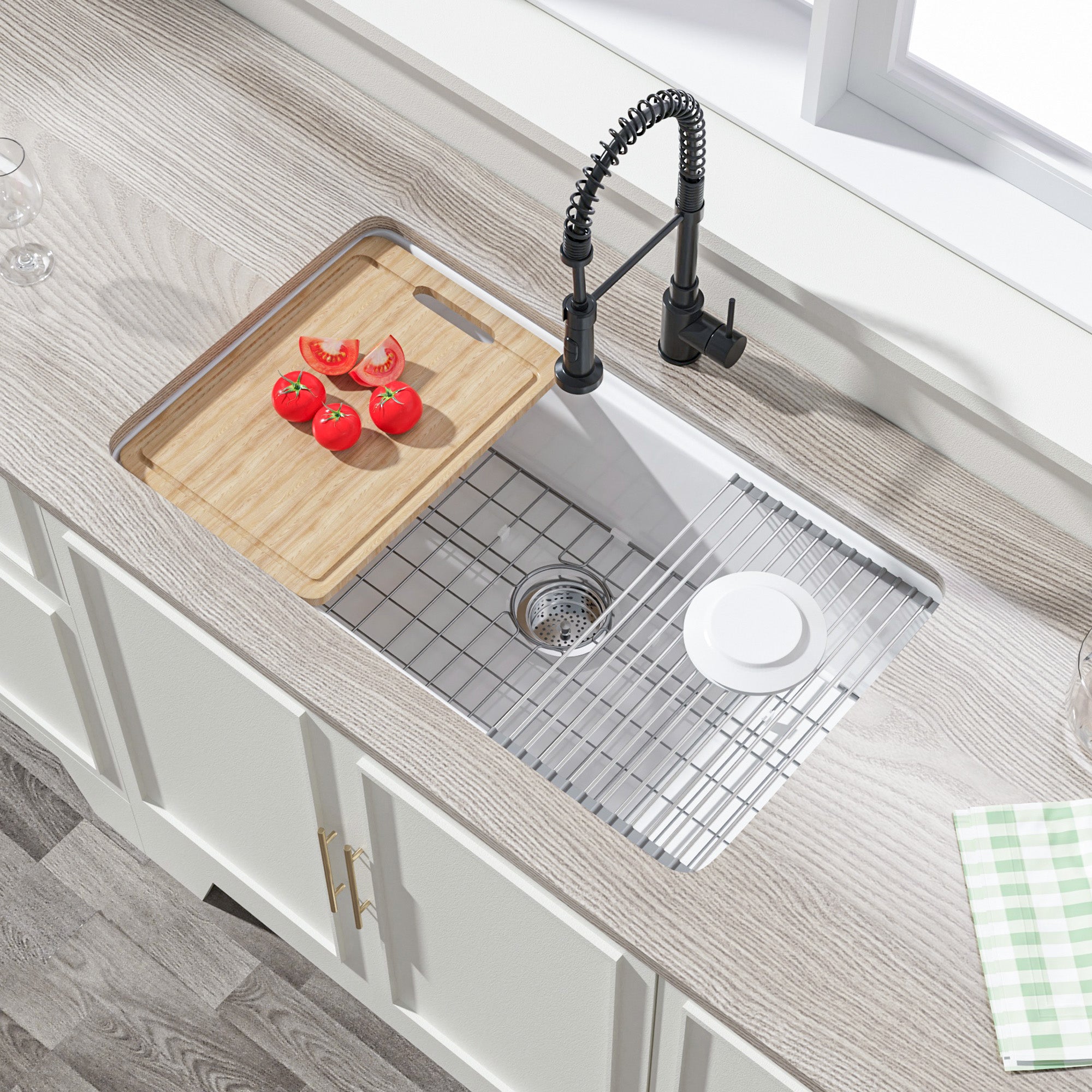 White Undermount Workstation Kitchen Sink 33 Inch - Large Topmount Fireclay Drop In Sink 33"x19"x10", Dual Mount Heavy Duty Deep Single Bowl, with 4 Custom Accessories, for Kitchen, Island