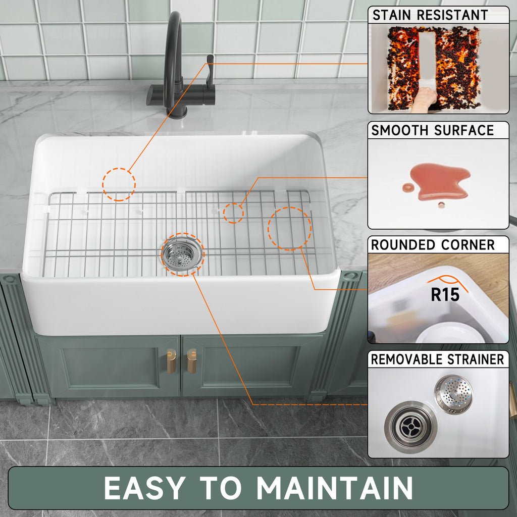 76.2 cm Bright White Farmhouse Kitchen Sink Apron Front Undermount Installation, Double-sided Structure, Dimensions 76.2 cm × 45.7 cm × 25.4 cm | Single Bowl, Heavy-duty Solid Fireclay Construction | Perfect for Residential Kitchens