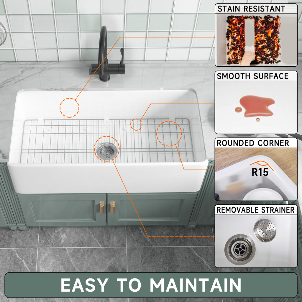 91.44cm Oversized Apron-Front Kitchen Sink   91.44cm × 45.72cm × 25.4cm double-sided apron-front single bowl, undermount installation. Made of solid fireclay in bright white, this farmhouse-style sink is durable and ideal for kitchens.