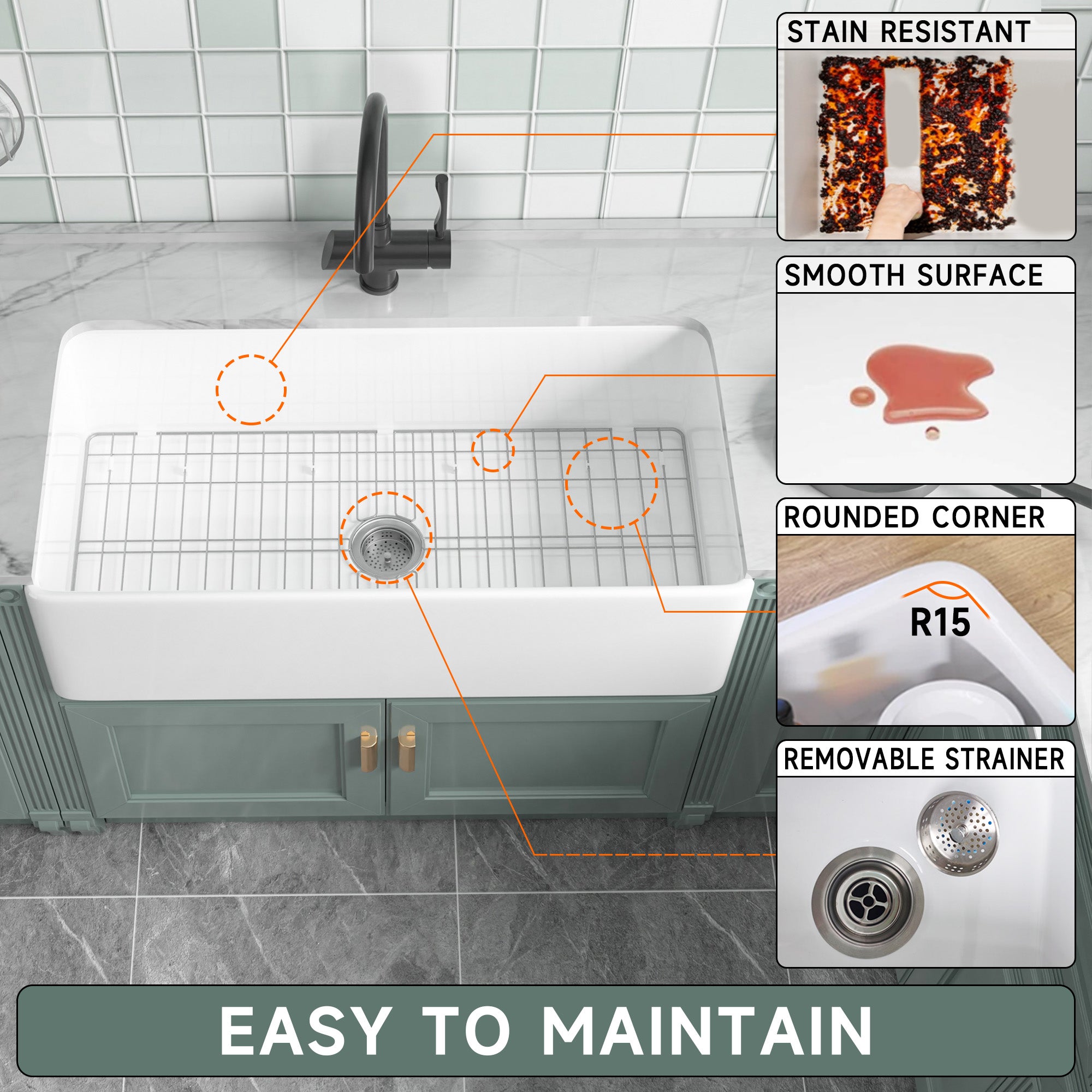 91.44cm Oversized Apron-Front Kitchen Sink   91.44cm × 45.72cm × 25.4cm double-sided apron-front single bowl, undermount installation. Made of solid fireclay in bright white, this farmhouse-style sink is durable and ideal for kitchens.