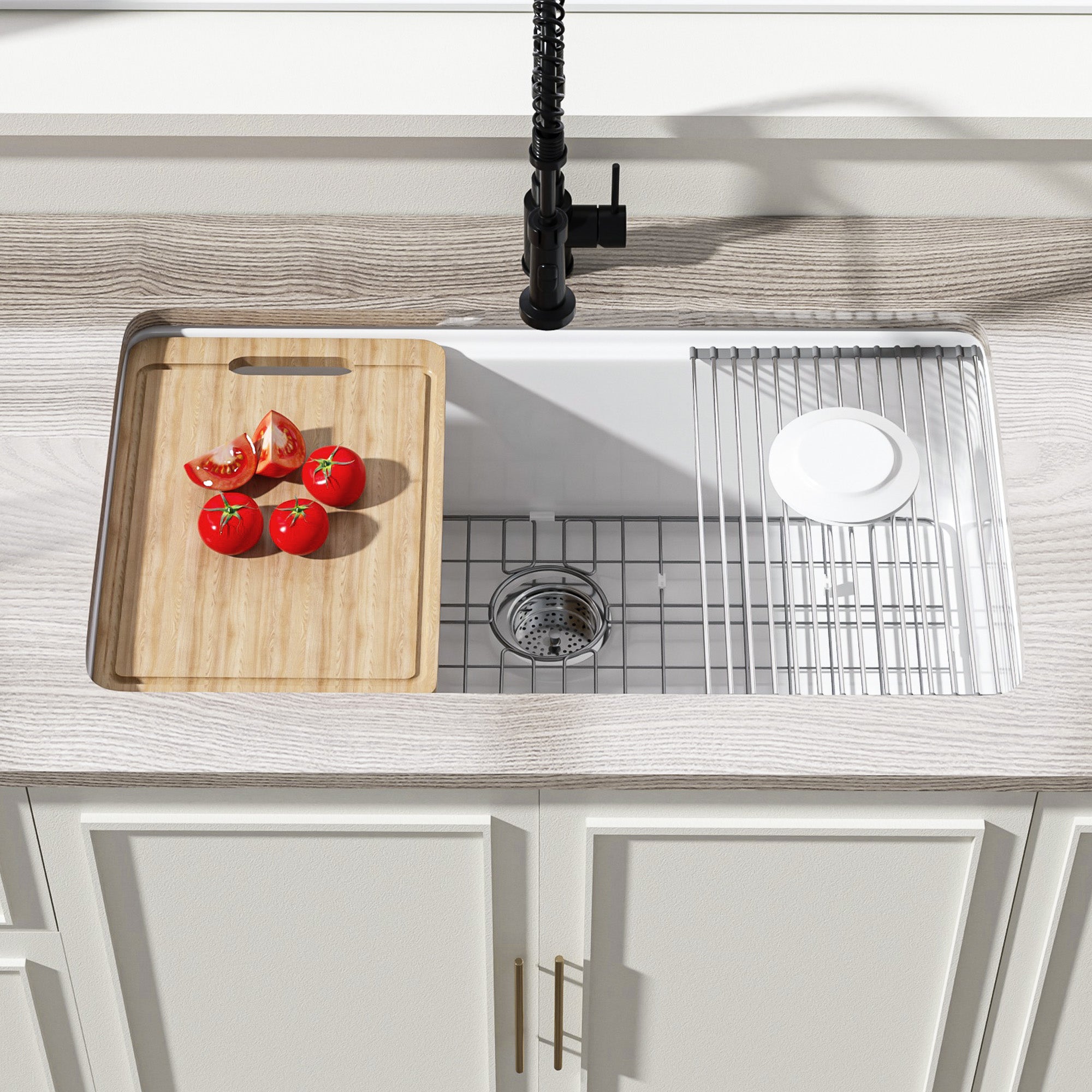 White Undermount Workstation Kitchen Sink 33 Inch - Large Topmount Fireclay Drop In Sink 33"x19"x10", Dual Mount Heavy Duty Deep Single Bowl, with 4 Custom Accessories, for Kitchen, Island