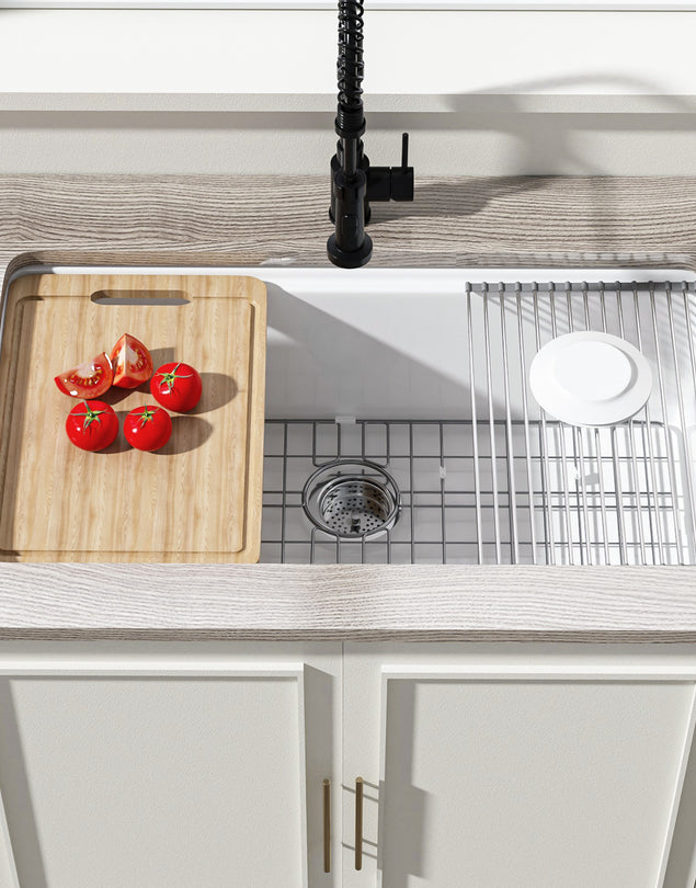 White Undermount Workstation Kitchen Sink 33 Inch - Large Topmount Fireclay Drop In Sink 33"x19"x10", Dual Mount Heavy Duty Deep Single Bowl, with 4 Custom Accessories, for Kitchen, Island