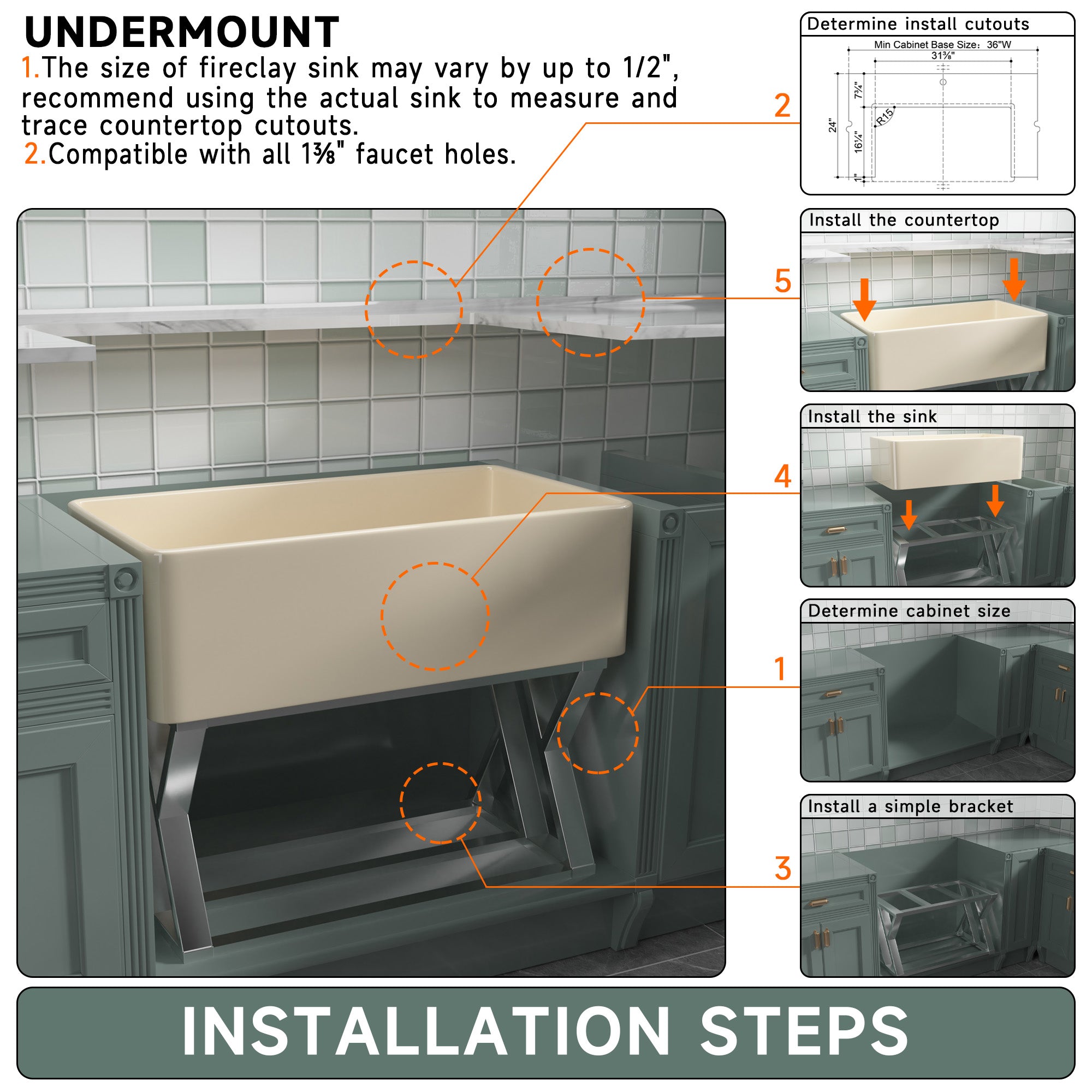 33-Inch Bone Color Farmhouse Kitchen Sink Double-Sided Apron-Front Design | Undermount Mounting | 33"×18"×10" Dimension | Heavy-Duty Solid Fireclay Construction | Perfect for Residential Kitchens