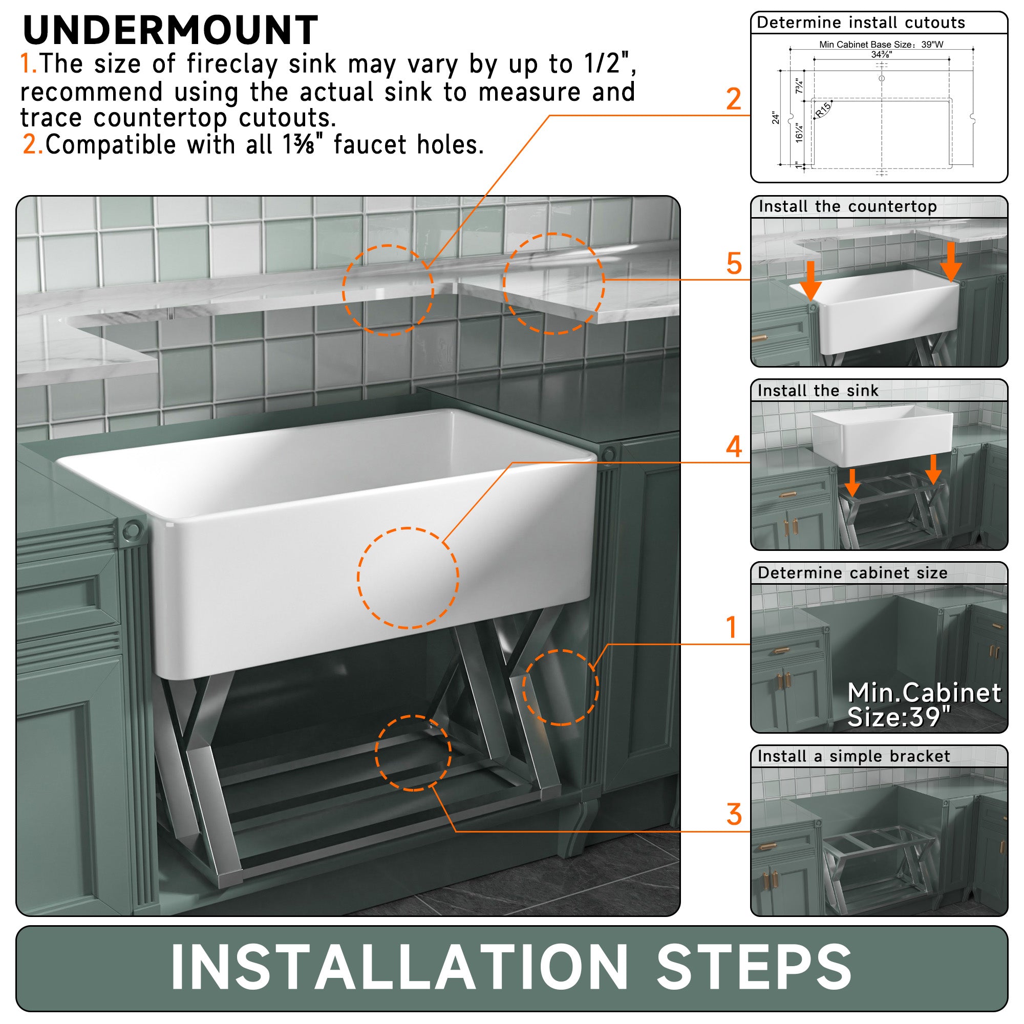 91.44cm Oversized Apron-Front Kitchen Sink   91.44cm × 45.72cm × 25.4cm double-sided apron-front single bowl, undermount installation. Made of solid fireclay in bright white, this farmhouse-style sink is durable and ideal for kitchens.