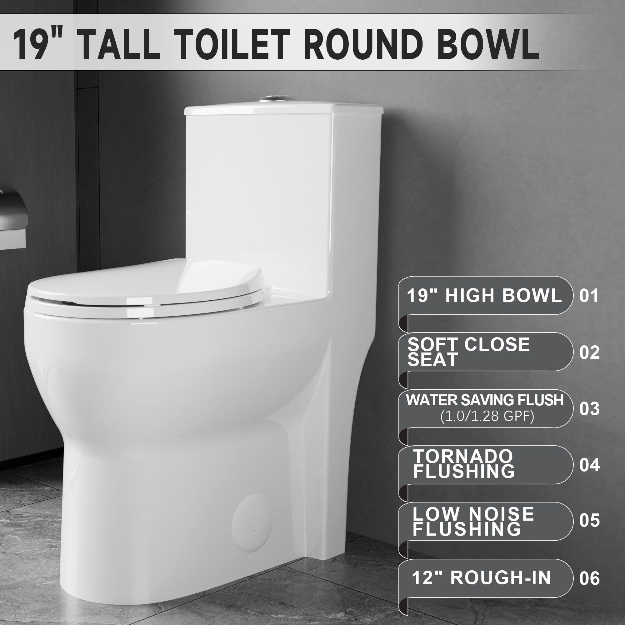 Compact One Piece Toilets for Small Bathroom Space, Modern Toilet with 19 Inch ADA Comfort Seat Height, 1.0/1.28 GPF Tornado Dual Flush,12 Inch Rougn In