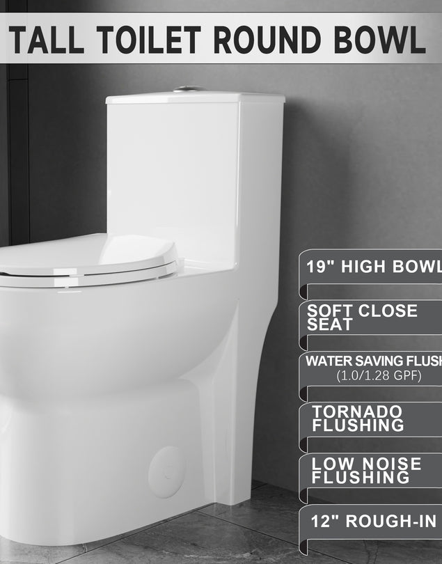 Compact One Piece Toilets for Small Bathroom Space, Modern Toilet with 19 Inch ADA Comfort Seat Height, 1.0/1.28 GPF Tornado Dual Flush,12 Inch Rougn In