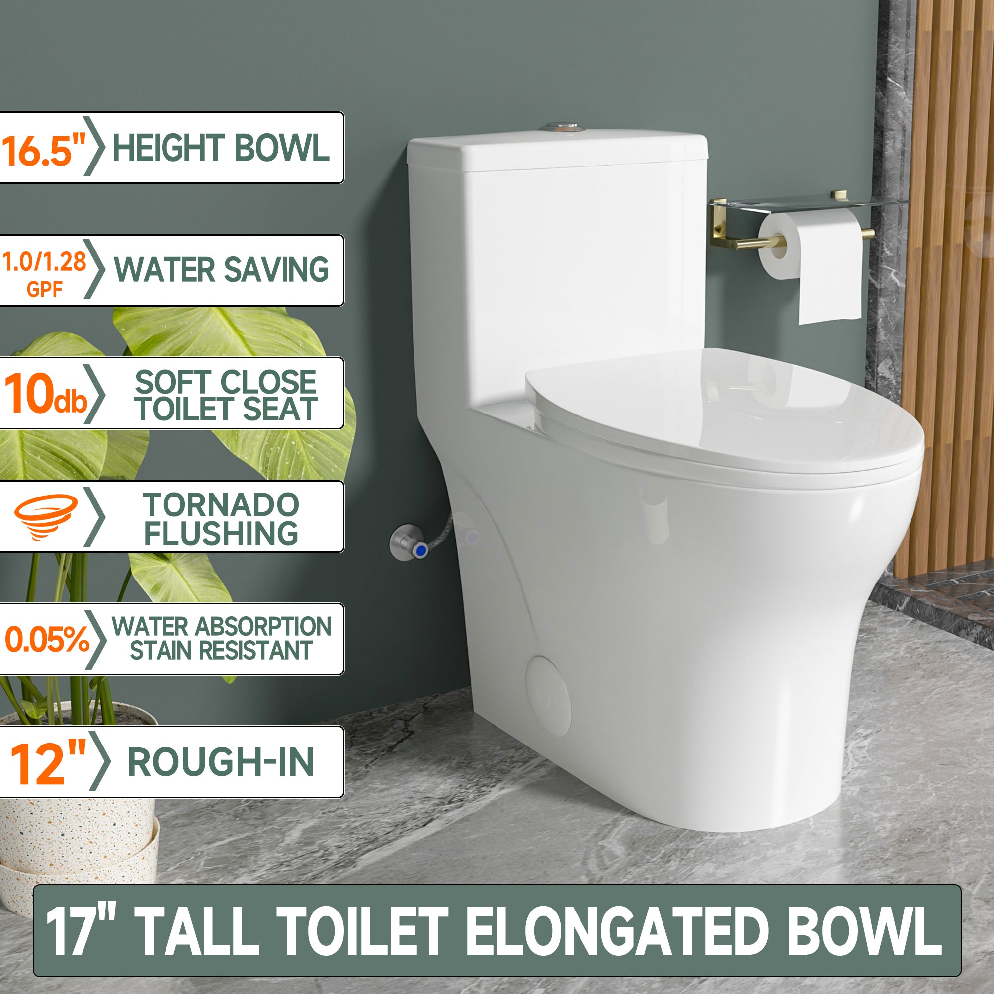 Elongated One Piece Toilets with 17 Inch ADA Comfort Seat Height for Seniors, Modern Toilet with 1.0/1.28 GPF Tornado Dual Flush Water Saving, 12 Inch Rougn In