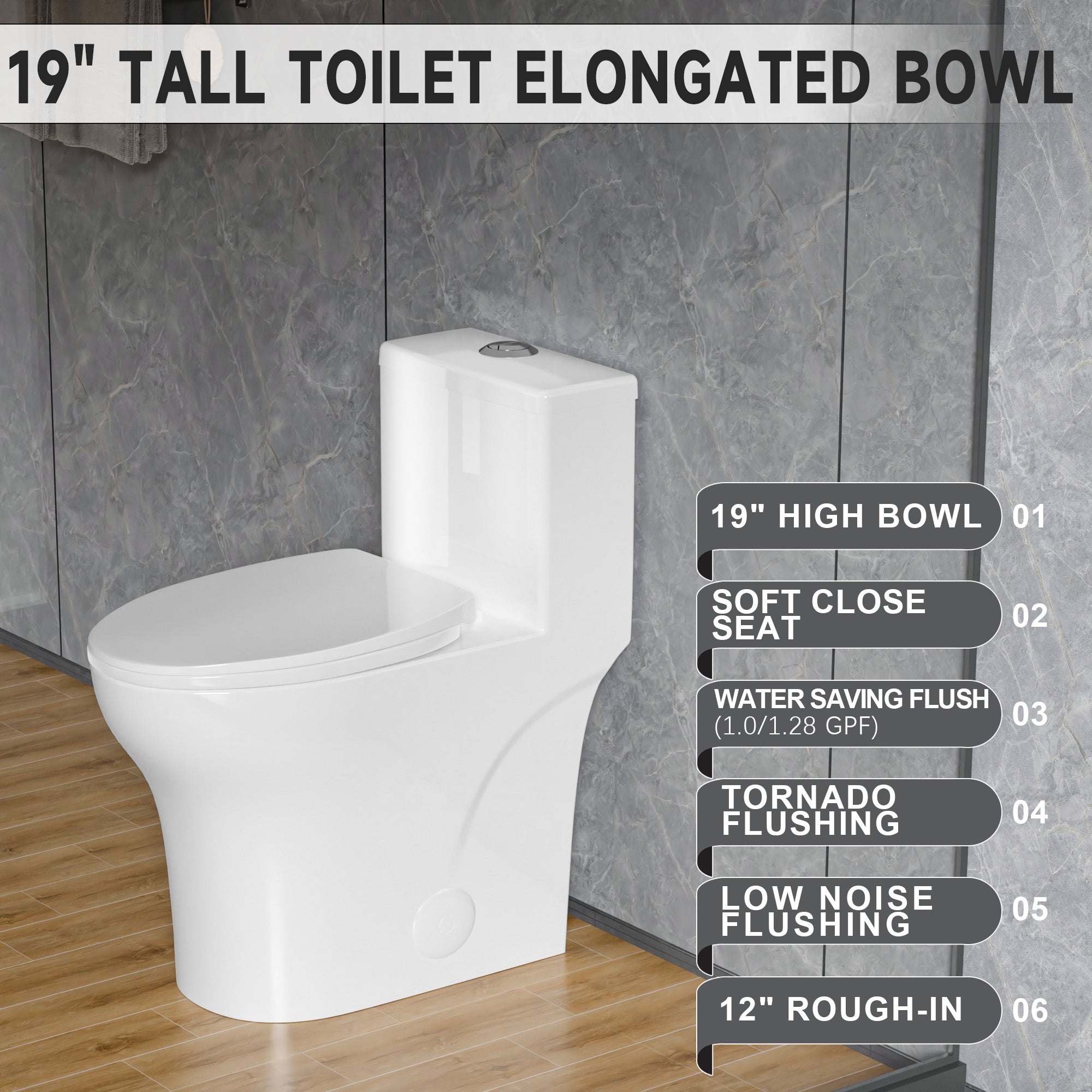 Elongated Modern Tall Toilet 19 Inch for Seniors, Powerful Tornado Flush Skirted High Toilet for Bathroom,One Piece Water Saving Dual Flush 1.0/1.28 GPF,Comfort ADA Bowl Heigh 18 Inch
