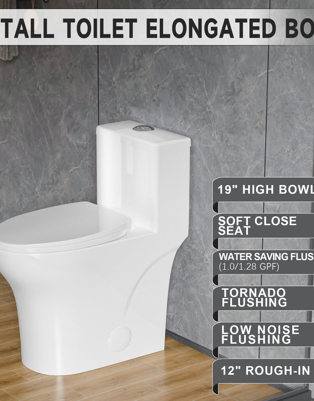 Elongated Modern Tall Toilet 19 Inch for Seniors, Powerful Tornado Flush Skirted High Toilet for Bathroom,One Piece Water Saving Dual Flush 1.0/1.28 GPF,Comfort ADA Bowl Heigh 18 Inch