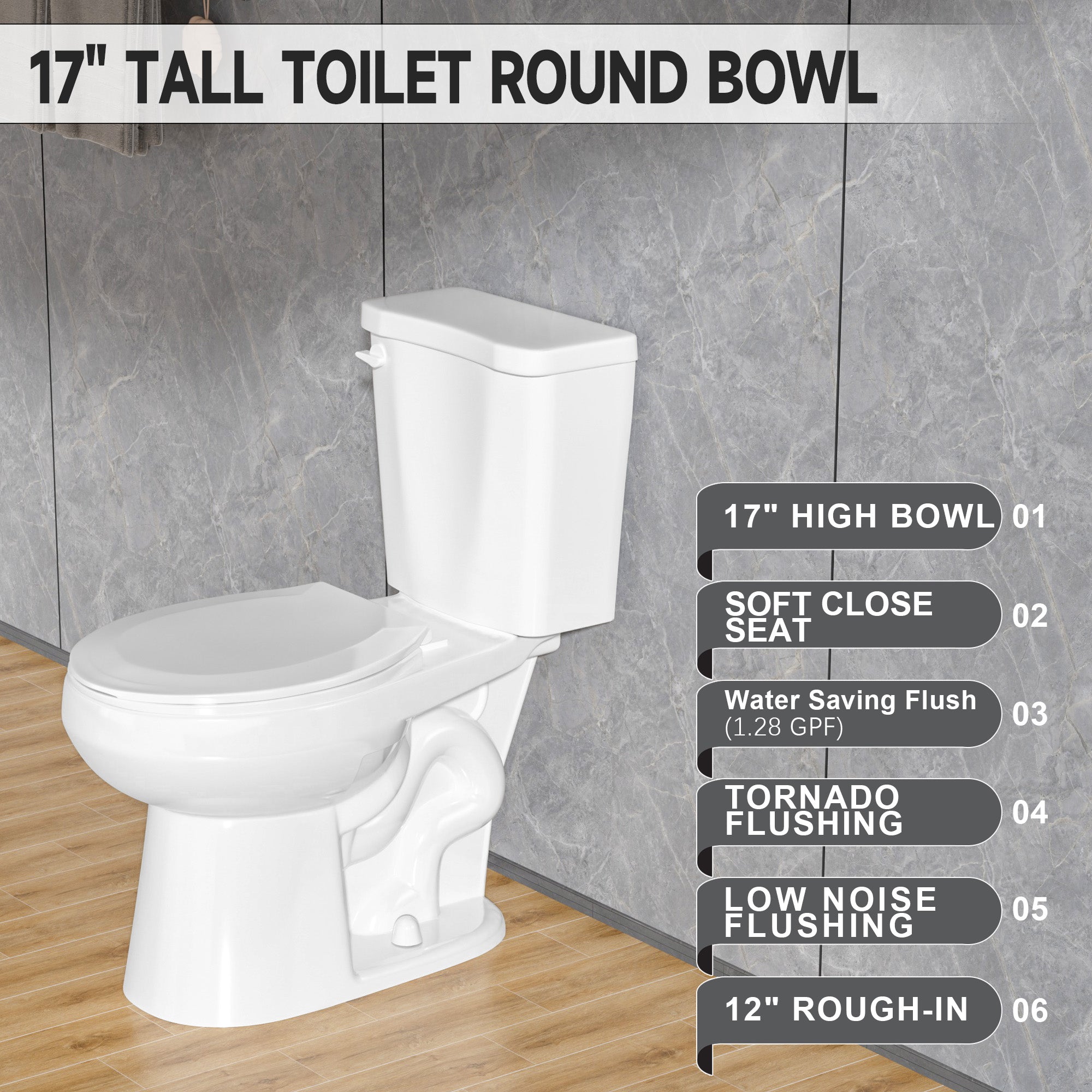 17 Inch Compact Tall Toilets for Bathrooms,ADA Comfort Chair Height Seat for Seniors,Two Piece Toilets Seat Height 17.5 Inch,Tornado Single Flush 1.28 GPF,12 Inch Rough-in