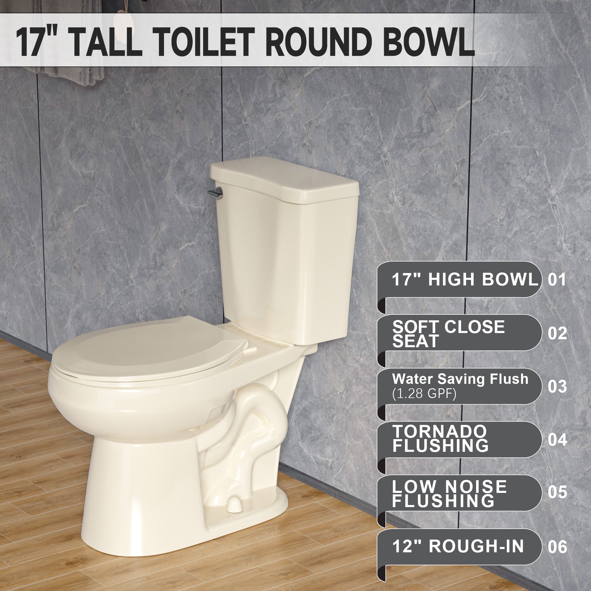 17 Inch Compact Tall Toilets for Bathrooms,ADA Comfort Chair Height Seat for Seniors,Two Piece Toilets Seat Height 17.5 Inch,Tornado Single Flush 1.28 GPF,12 Inch Rough-in