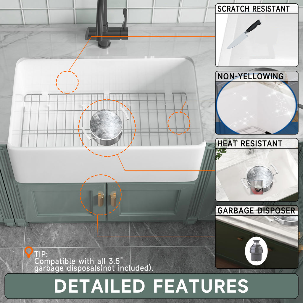 White Farmhouse Sink 33 Inch - Large Apron-Front Single Bowl Kitchen Sink 33inch × 18inch × 10inch, Undermount Installation, Farmhouse Style, Heavy-Duty Solid Fireclay, Matte White, Ideal for Kitchen Use