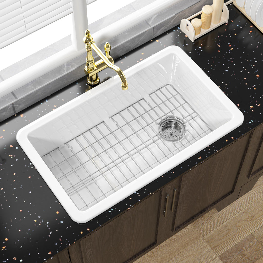 White Undermount Kitchen Sink 32 Inch - Large Topmount Fireclay Drop In Sink 32"x19"x10", Dual Mount Heavy Duty Deep Single Bowl, with 2 Custom Accessories, Glossy White, for Kitchen