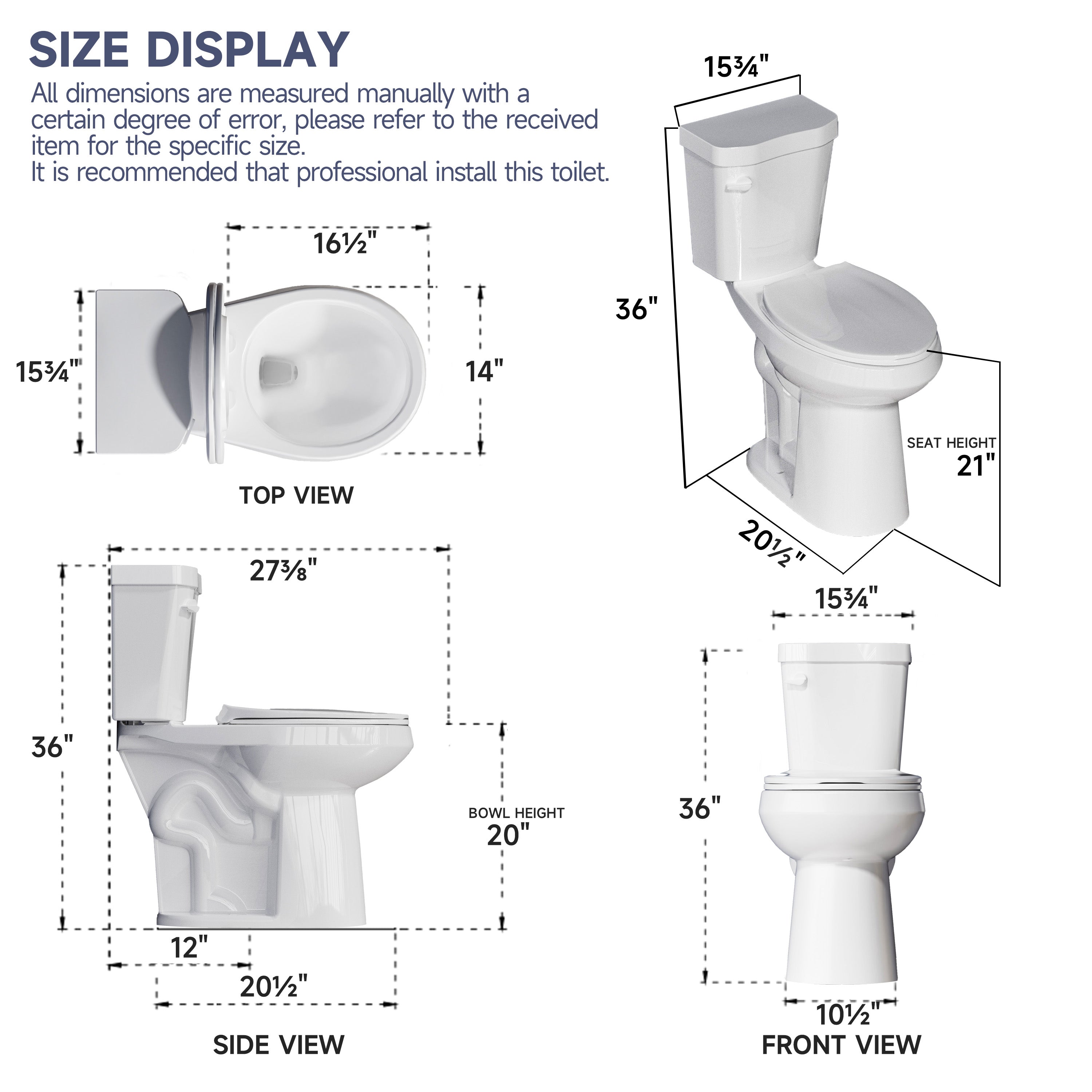 Elongated Tall Toilet 20 Inch for Seniors - 1.1/1.6 GPF Dual Flush Two Piece ADA High Toilet for Bathroom, 19 Inch Bowl Height, 20 Inch Seat Height, 12" Rough In, White