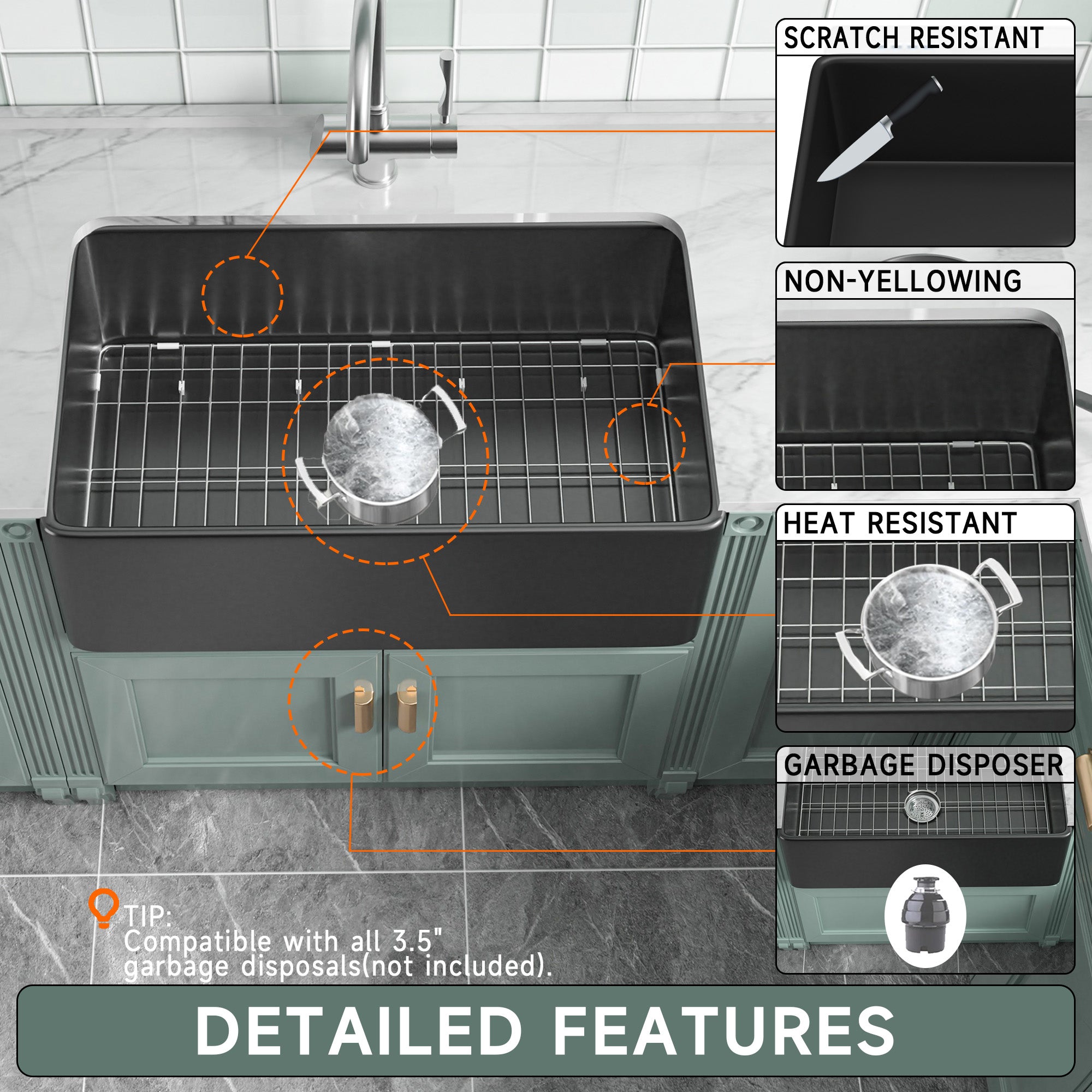  Black Farmhouse Sink 76.2 cm - Apron-front Undermount Double-sided Kitchen Sink, 76.2 cm × 45.7 cm × 25.4 cm, Farmhouse-style Single Bowl, Heavy-duty Solid Fireclay, Matte Black, Ideal for Kitchen