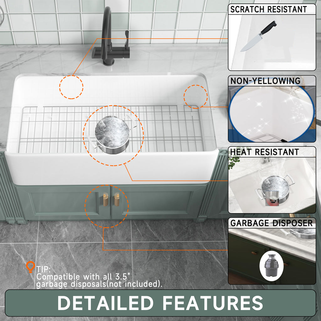 91.44cm Oversized Apron-Front Kitchen Sink   91.44cm × 45.72cm × 25.4cm double-sided apron-front single bowl, undermount installation. Made of solid fireclay in bright white, this farmhouse-style sink is durable and ideal for kitchens.