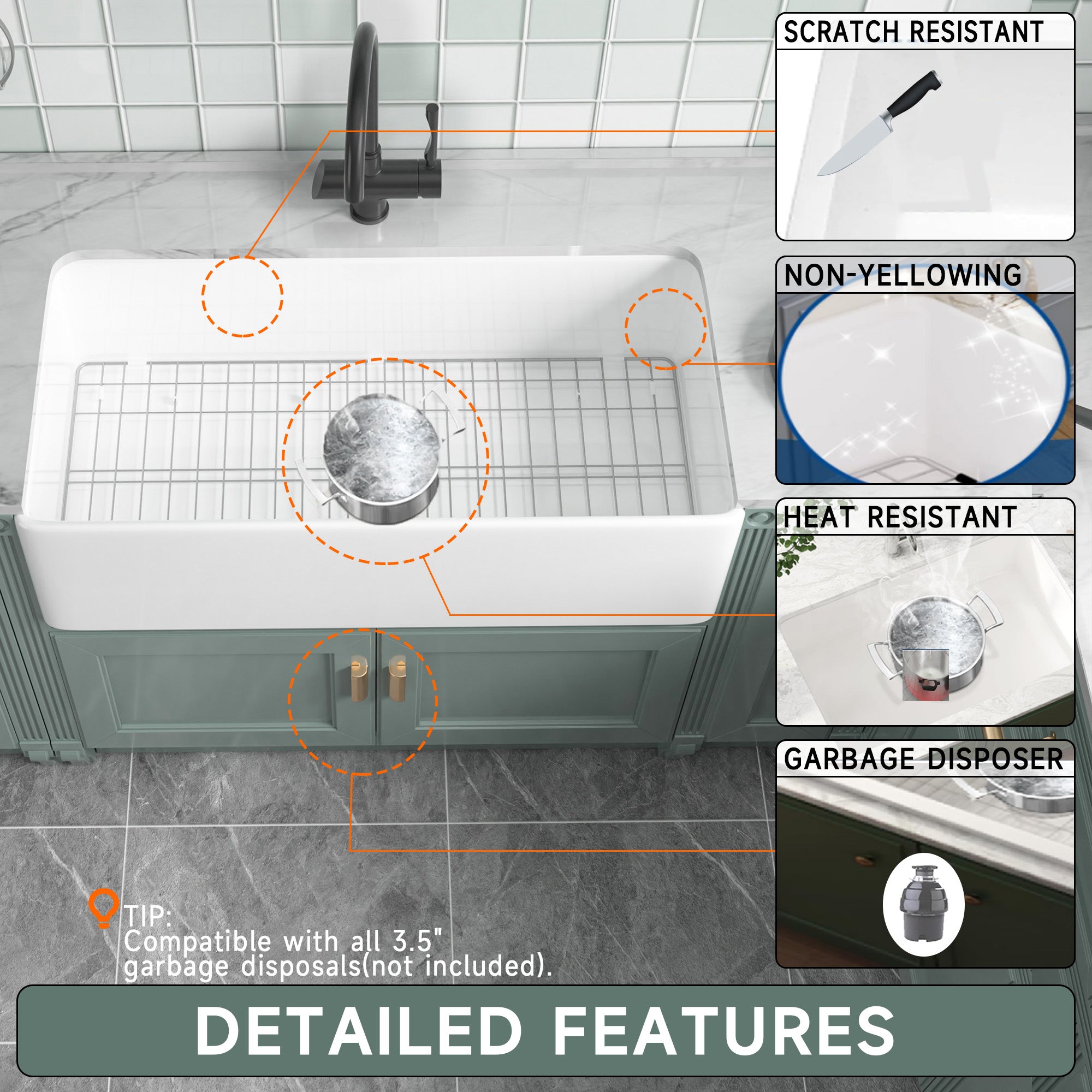 91.44cm Oversized Apron-Front Kitchen Sink   91.44cm × 45.72cm × 25.4cm double-sided apron-front single bowl, undermount installation. Made of solid fireclay in bright white, this farmhouse-style sink is durable and ideal for kitchens.