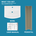 Pedestal Sink: 55.88 cm Single-Hole Ceramic Base Sink Combo for Bathroom, 55.88 cm Depth × 43.18 cm Width × 86.96 cm Height, White, with 1 Overflow Hole and 1 Faucet Hole